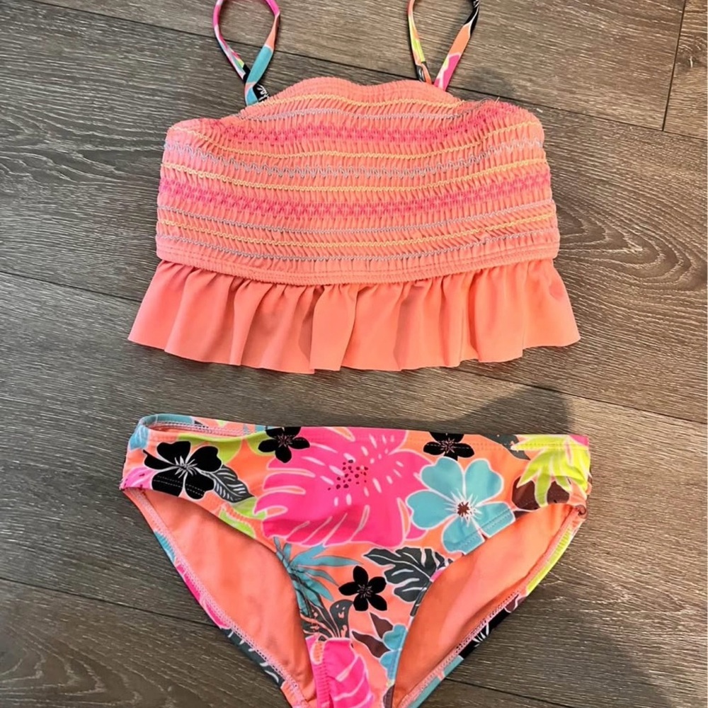 Girls 7/8 Two Piece Swimsuit Coral Floral Bikini Set
